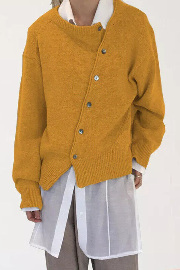 Irregular Button Knitted Crew Neck Sweater