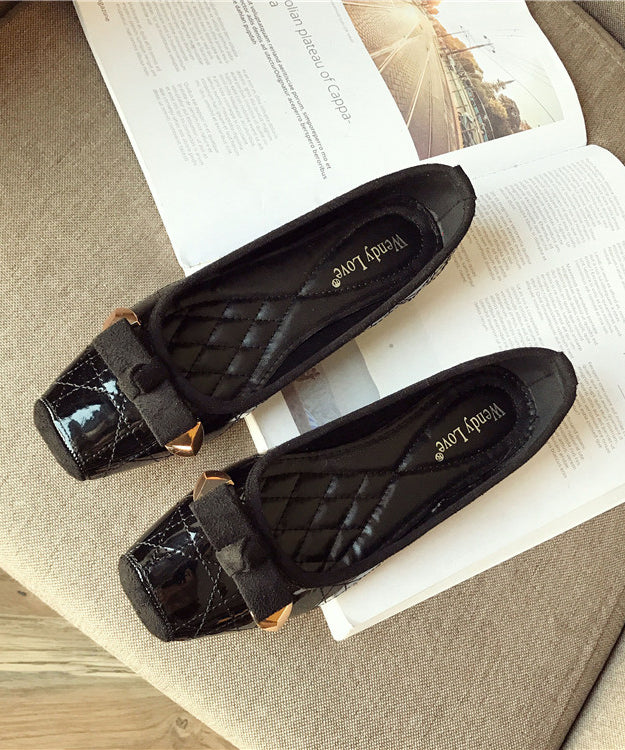 Pink Flats Faux Leather Splicing Bow Square Toe