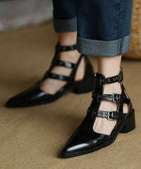Pointed Toe Zippered Splicing Chunky Sandals Black Cowhide Leather
