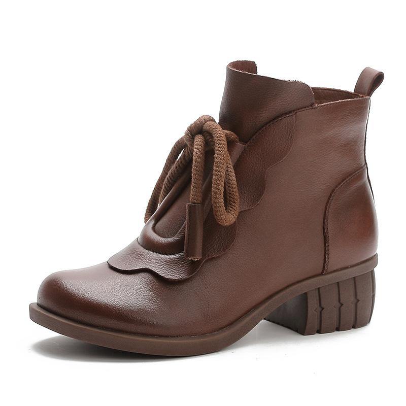 Brown Boots Chunky Cowhide Leather Lace Up Boots