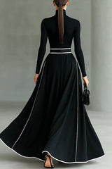 Color-blocked Trim High-neck Long-sleeved Casual Pockets Maxi Dress
