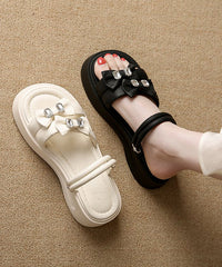 Boho Bow Zircon Splicing Platform Black Faux Leather Slide Sandals