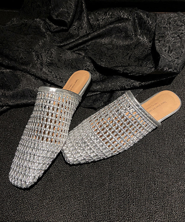 White Faux Leather Boutique Hollow Out Weave Slide Sandals