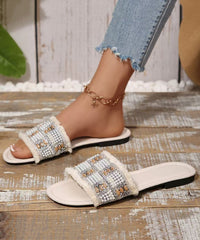 Beautiful Nail Bead Splicing White Faux Leather Slide Sandals