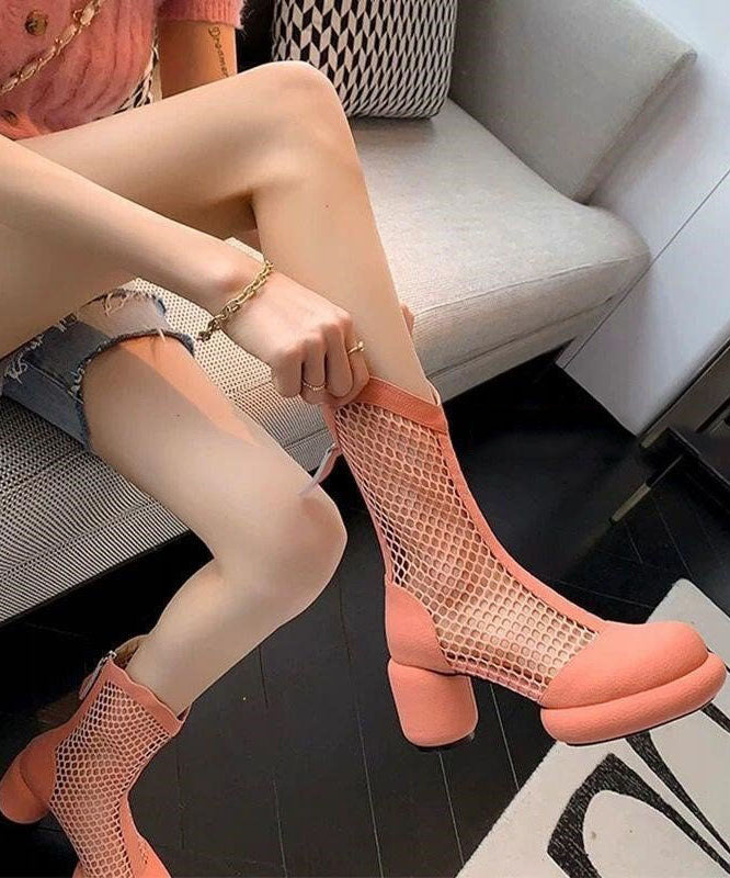 Splicing Chunky Boots Pink Breathable Mesh Hollow Out