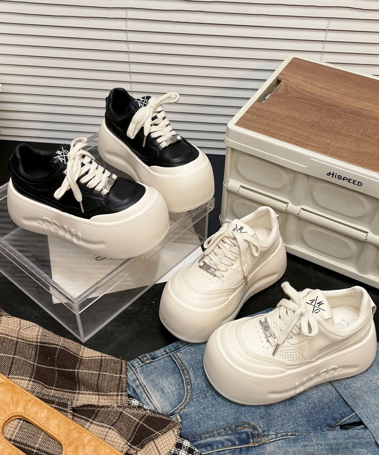 Casual Lace Up Splicing Platform Shoes Beige Cowhide Leather