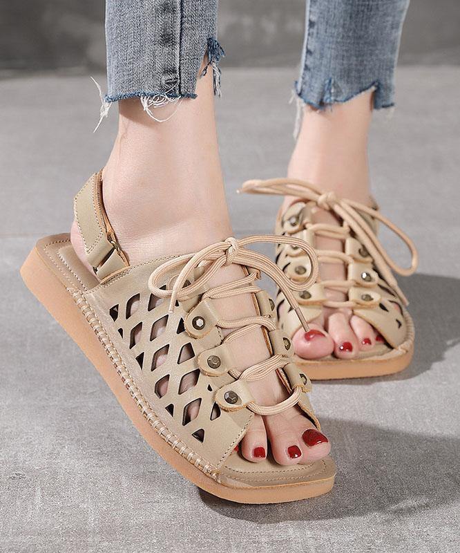 Chocolate Lace Up Flat Sandals Cowhide Leather