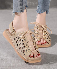 Chocolate Lace Up Flat Sandals Cowhide Leather