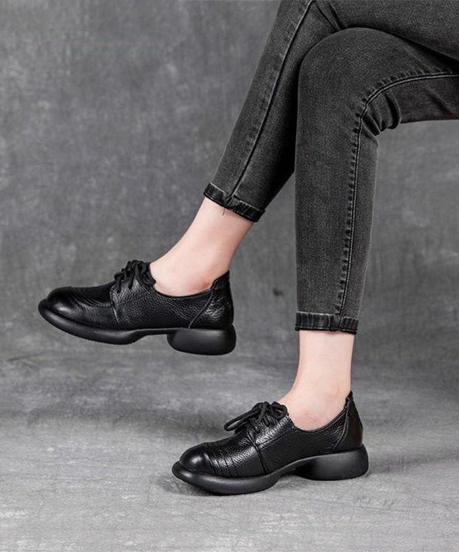 Brown Cowhide Leather Lace Up Splicing Flat Shoes For Women