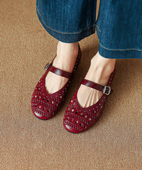 Handmade Buckle Strap Splicing Wedge Shoes Black Sheepskin Hollow Out