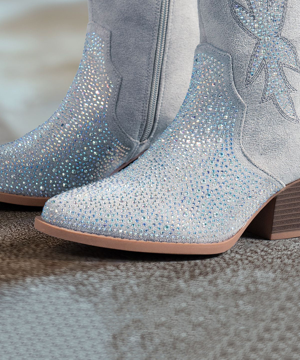 Grey Zippered Boots Chunky Suede Soft Pointed Toe Zircon Boots