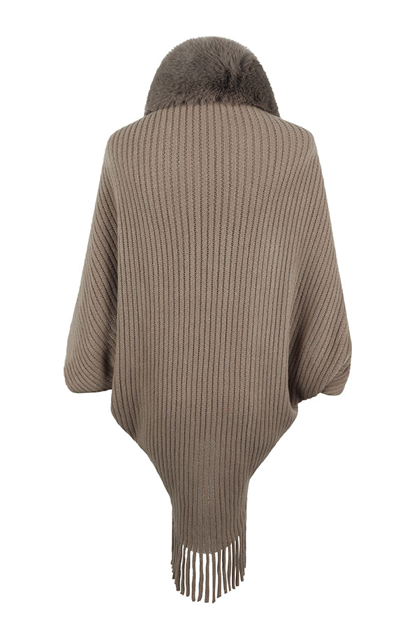 Fur Collar Tassel Hem Knitted Shawl Cape