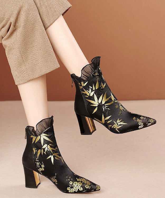 Black Embroidered Silk Splicing Cowhide Leather Chunky Boots