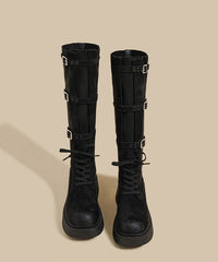 Khaki Chunky Suede Fitted Splicing Lace Up Buckle Strap Boots