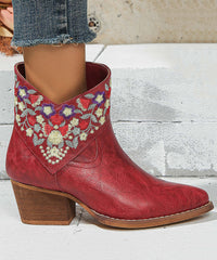 Red Embossed Zippered Faux Leather Chunky Boots