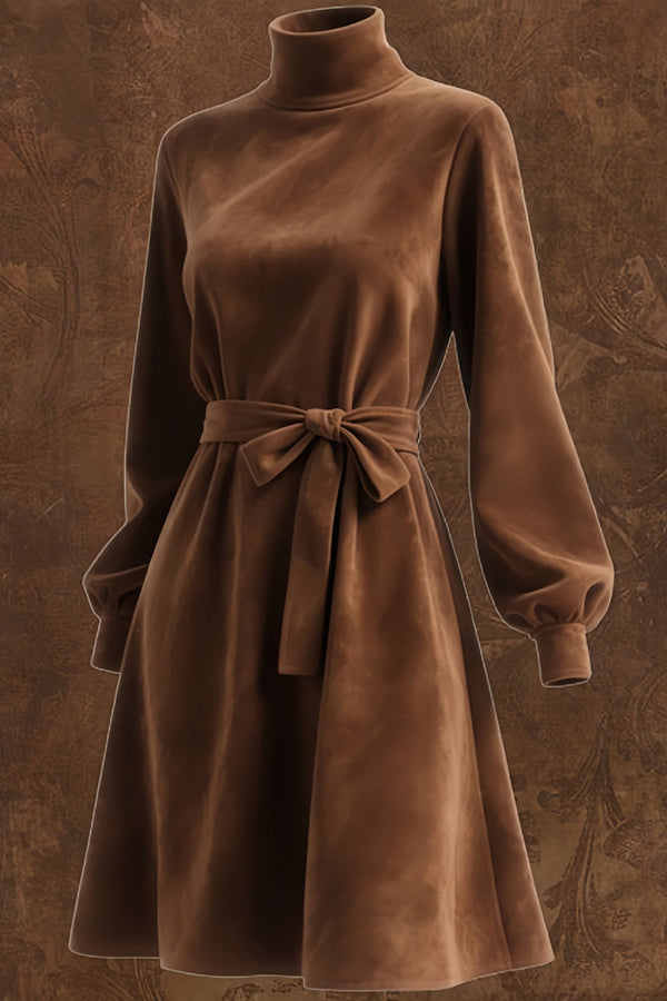 Suede Turtleneck Long-sleeved Tie-waist Casual Mini Dress