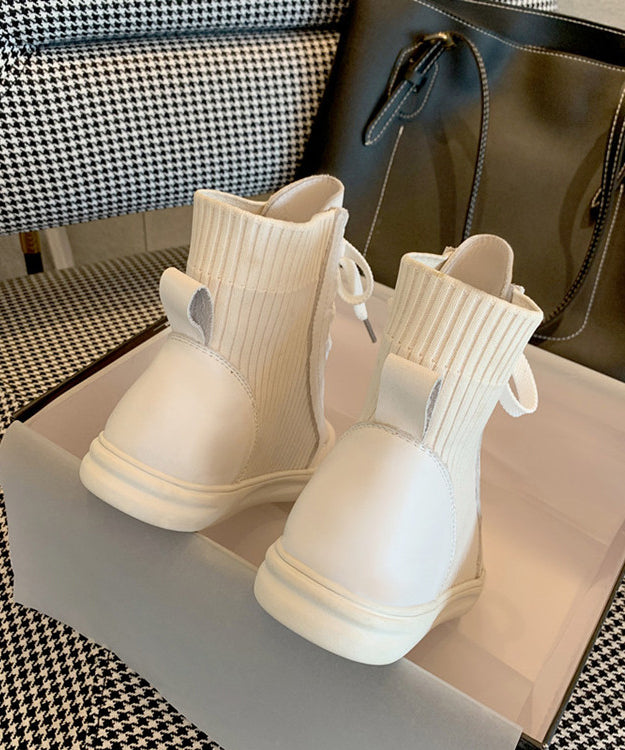 White Lace Up Splicing Cowhide Leather Flat Boots