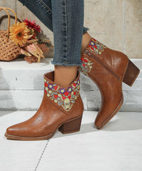 Brown Pointed Toe Splicing Faux Leather Chunky Flat Boots Embossed