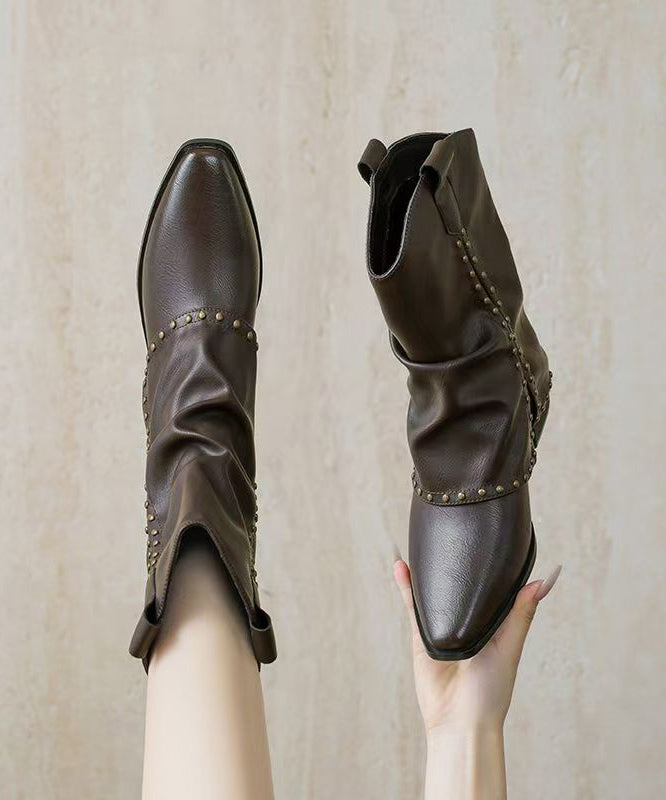 Classy Rivet Splicing Chunky Boots Black Faux Leather