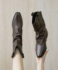 Classy Rivet Splicing Chunky Boots Black Faux Leather