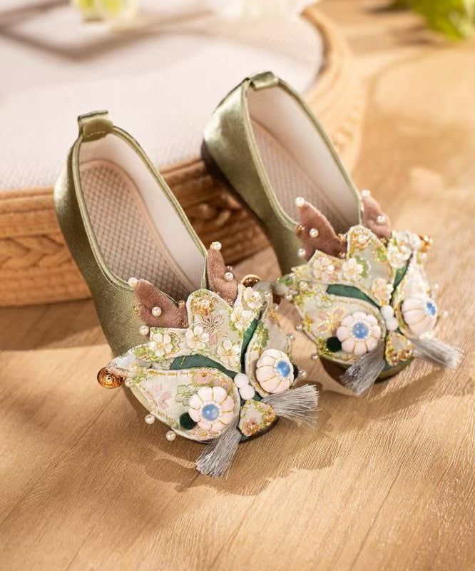 Green Embroidered Flat Tiger Head Shoes
