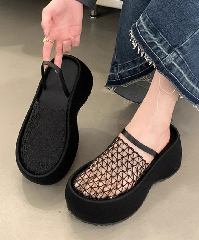 Stylish Splicing Platform Black Breathable Mesh Slide Sandals