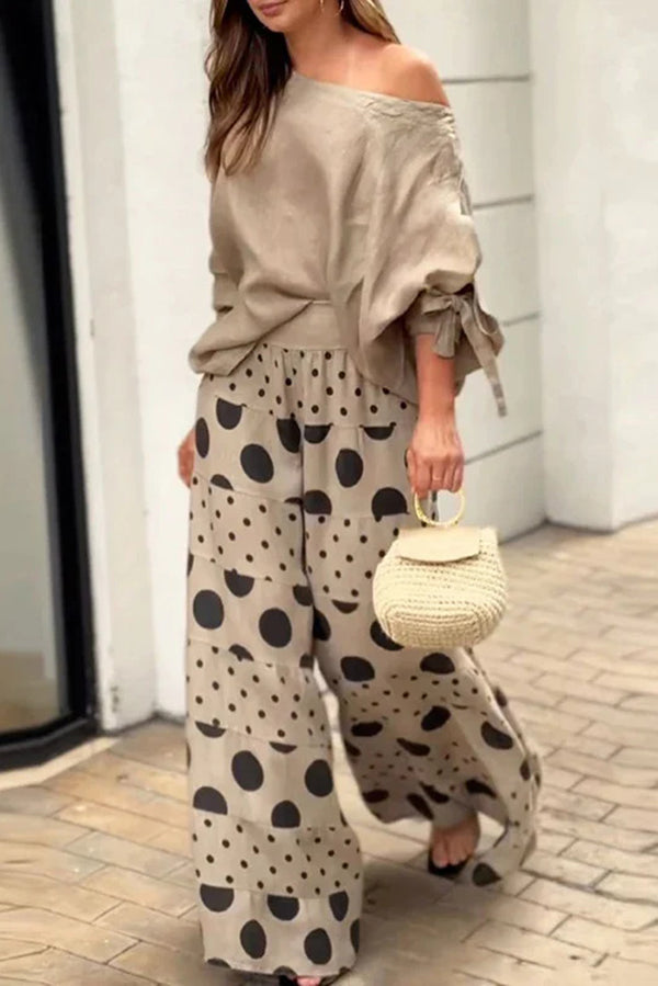 Tie-cuff Loose Top and Polka Dot Print Pocket Wide Leg Pants Set