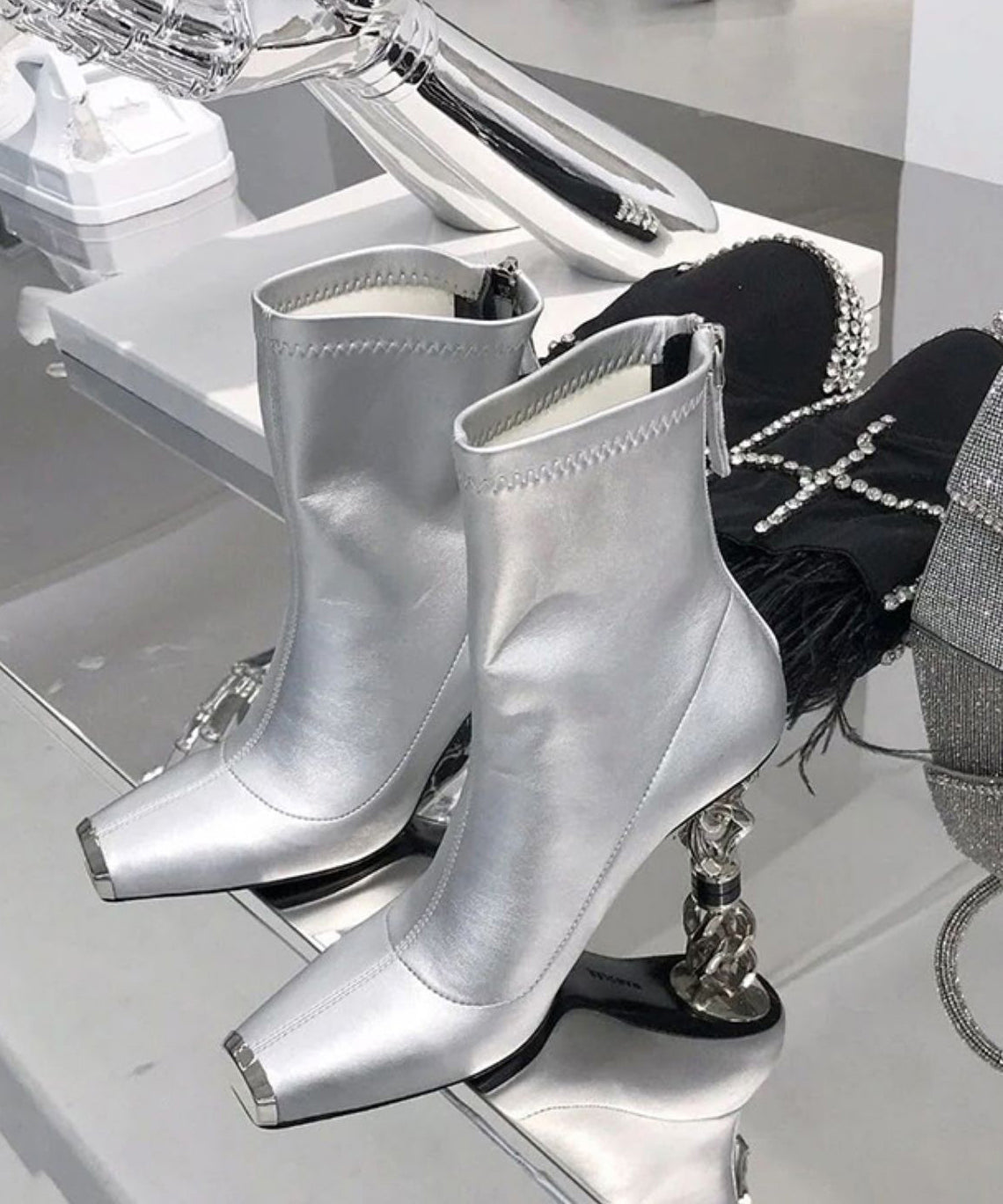 Versatile Silver Zipper Metal Heterotypic High Heel Boots