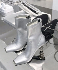 Versatile Silver Zipper Metal Heterotypic High Heel Boots