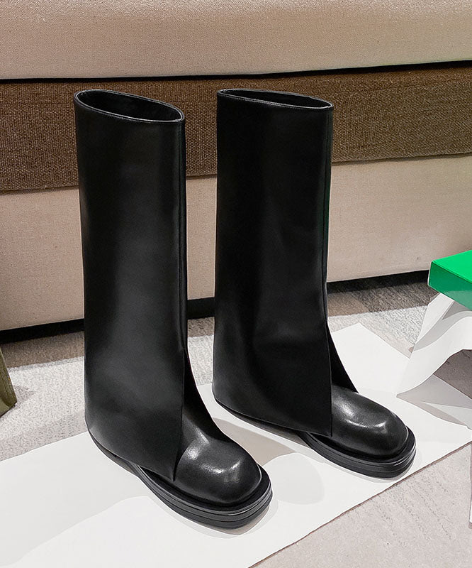 Splicing Platform Boots Black Cowhide Leather