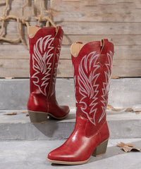 Red Embossed Hollow Out Faux Leather Chunky Thigh Boots