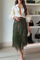 Party Crasher Feather Trim Long Sleeve Button Up Loose Blouse