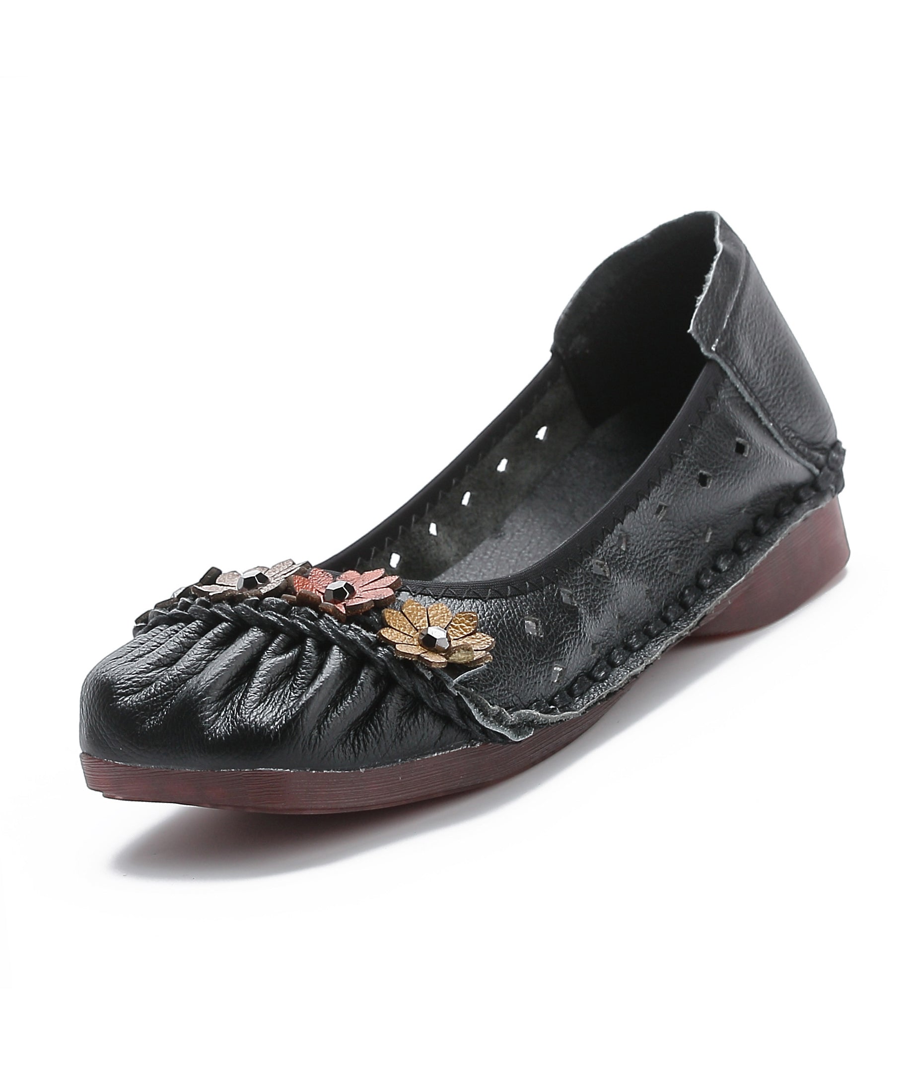Retro Floral Splicing Flat Feet Shoes Black Cowhide Leather