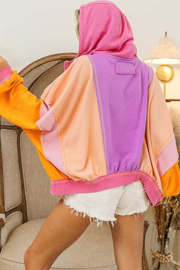 Fresh Color Matching Loose Casual Hooded Jacket