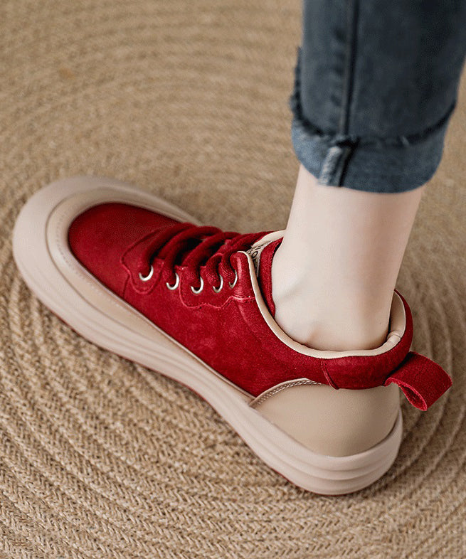 Red Platform Cowhide Leather Lace Up Splicing Flat Feet Shoes