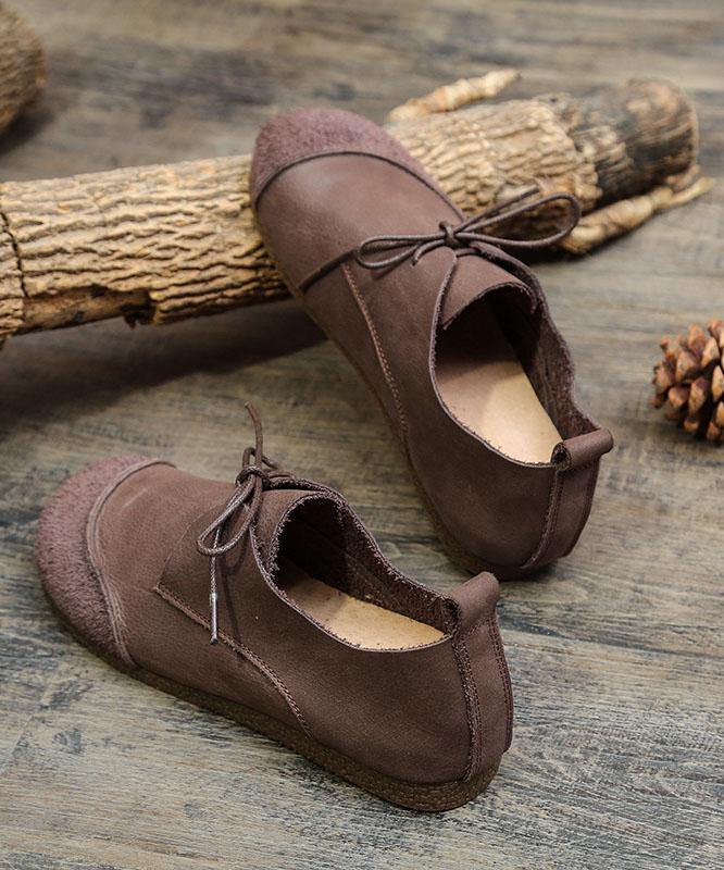 Khaki Genuine Leather Flat Shoes For Lace Up Splicing Flat Shoes