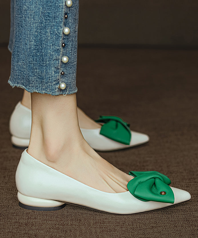 Black Flat Feet Shoes Cowhide Leather Pointed Toe Bow