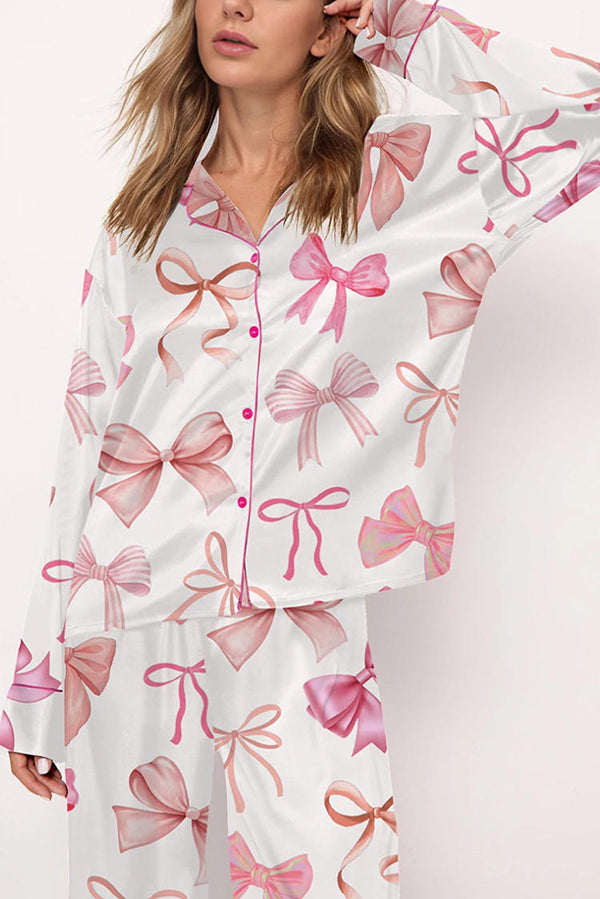 Bow-print Casual Long-sleeved Shirt and Elastic-waisted Wide-leg Pants Set