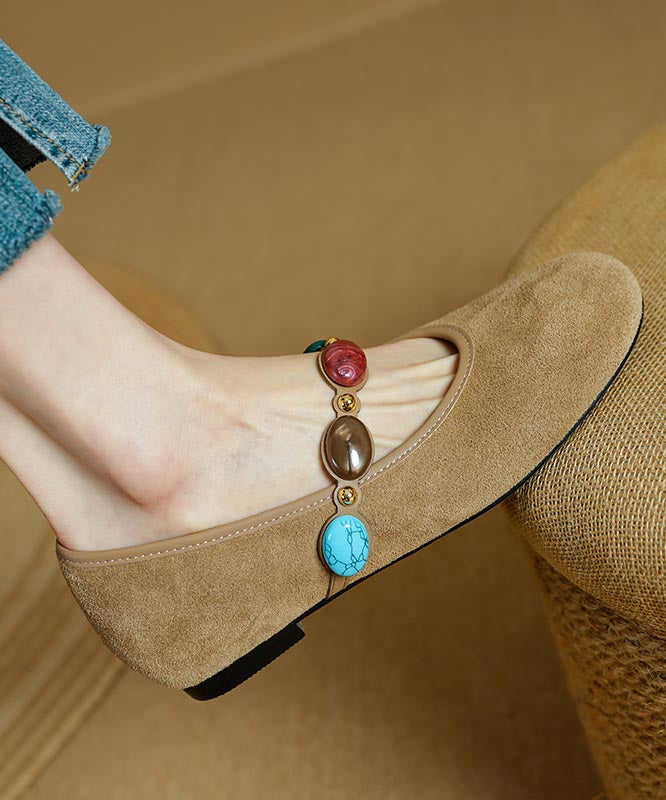Blue Suede Buckle Strap Splicing Flat Shoes For Women