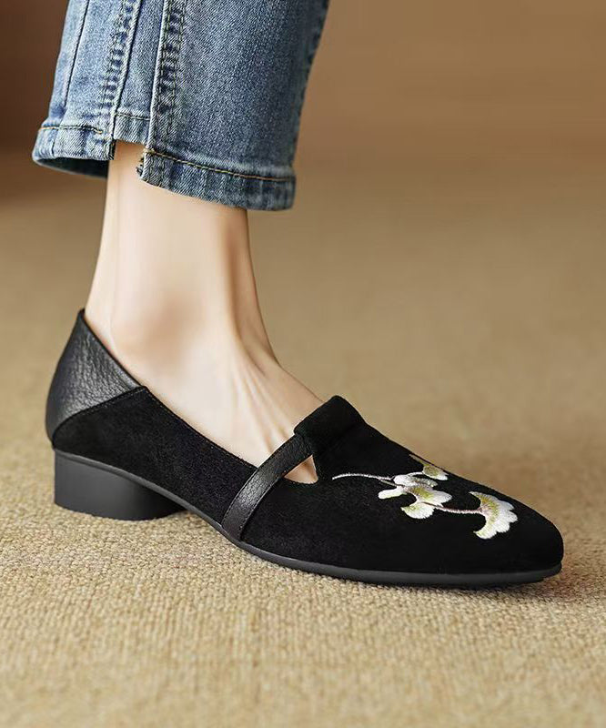 Black Suede Embroidered Chunky Loafer Shoes