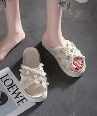 Beige Canvas Nail Bead Splicing Platform Slide Sandals
