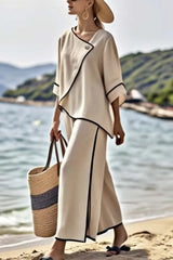 Color Trim Asymmetrical Casual Top and Elastic Waist and Wide-leg Pant Set