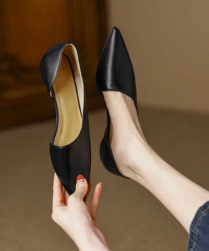 Black Cowhide Leather Splicing Flat Shoes For Women