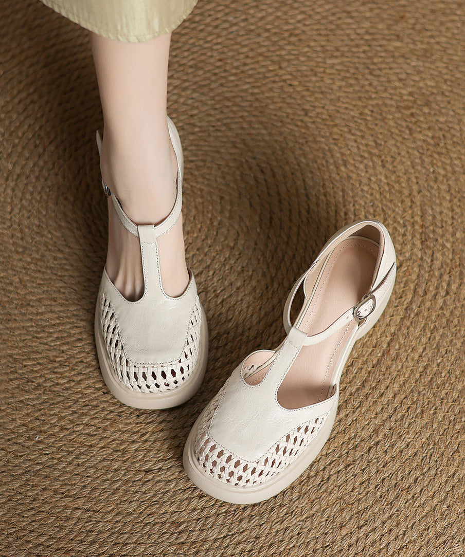 Black Sheepskin Hollow Out Buckle Strap Splicing Chunky Heel Sandals