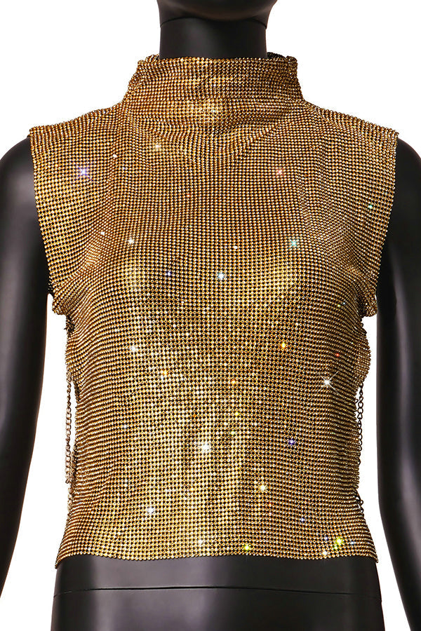 High-neck Rhinestone Metallic Top