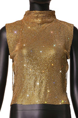 High-neck Rhinestone Metallic Top