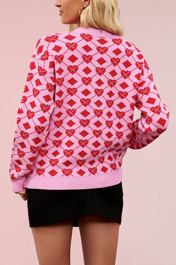Heart-shaped Jacquard Loose Long-sleeved Knit Sweater