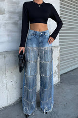 High-waisted Pocket Tassel Casual Straight Leg Jeans