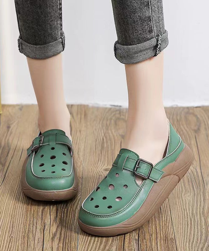 Green Cowhide Leather New Hollow Out Flat Shoes