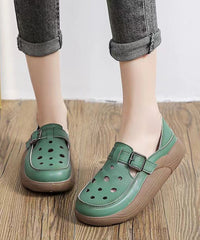 Green Cowhide Leather Hollow Out Flat Shoes